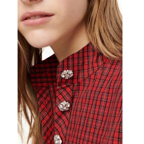 J.Crew Jeweled Button Popover Tunic Red and Black Checkered Tartan Plaid size 2 - Picture 5 of 13